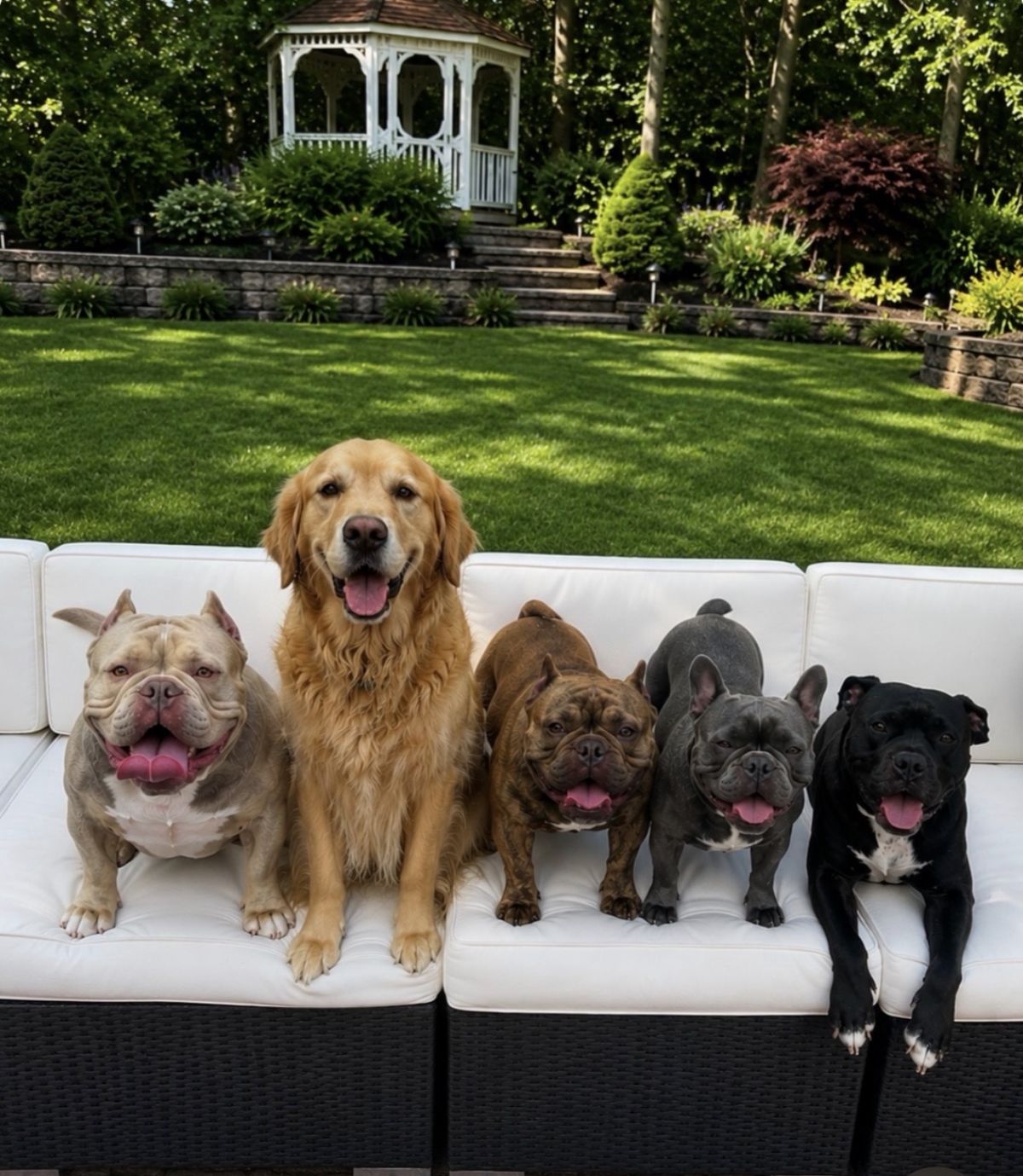 Chet's five dogs on an outdoor couch